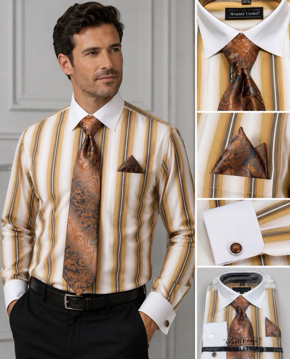 NWT Avanti Uomo 16.5 34/35 Dress Shirt Tie Hanky Cufflinks Set Orange Stripe